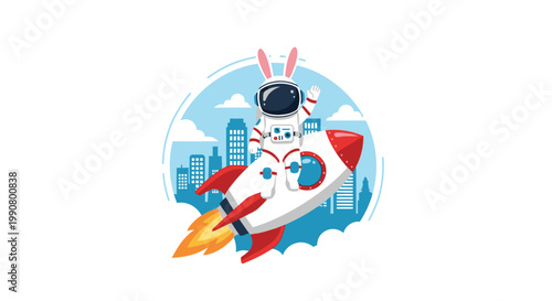 Cute astronaut bunny riding a rocket ship through the city skyline, space exploration, futuristic concept