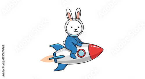 Cute cartoon rabbit astronaut riding a rocket ship through space, whimsical illustration for children