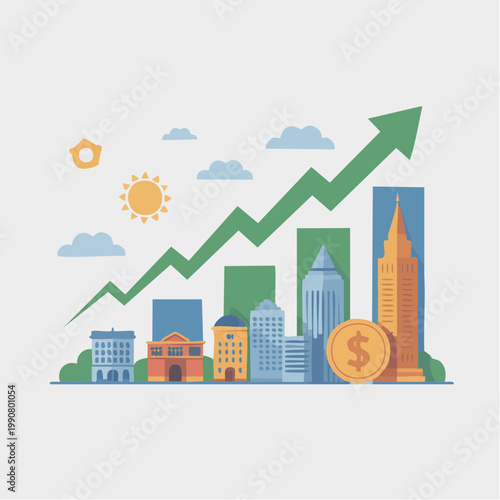 Colorful cityscape illustration with growing green arrow graph and fin