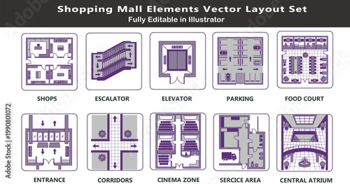 Commercial mall design vector icons set, top view layout symbols, shops, escalators, elevators, food court, cinema, corridors, CAD plan
