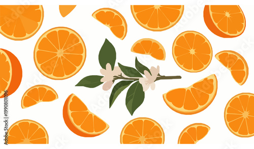 Orange and mandarin slices vector illustration with citrus blossom in vibrant fresh composition