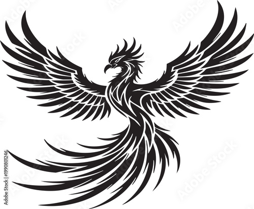 Striking monochrome vector illustration of a phoenix in mid-flight, ideal for branding, tattoos, fantasy themes, and spiritual or mythological designs. Perfect for logos, prints, and digital art proje