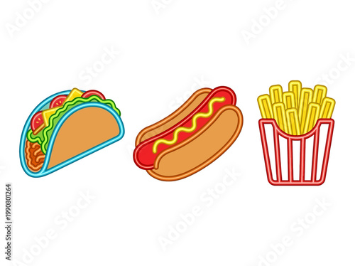 Glowing retro neon-style illustrations of popular street food items: a savory taco, a classic hot dog, and crispy french fries.