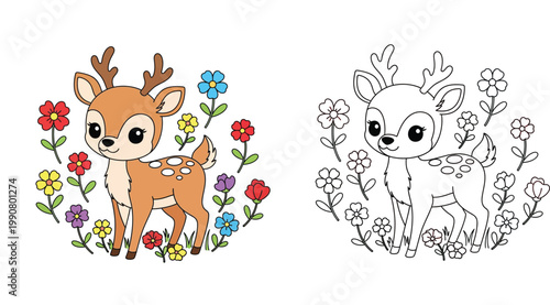 Cute baby deer fawn in floral wreath. Colored illustration and black and white outline contour for kids coloring book page, cartoon vector.
