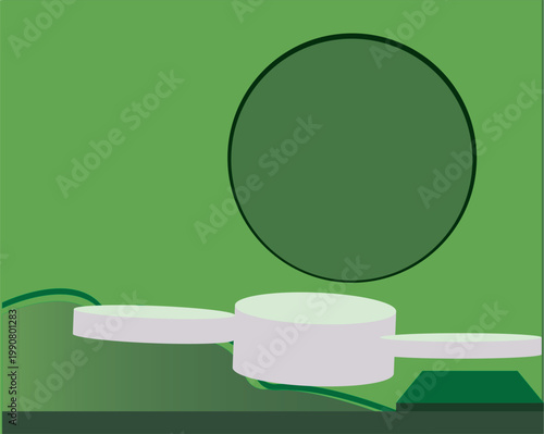 Green living room vector illustration featuring a vintage sofa and chair against a patterned background with kitchen icons like a fork and plate for a restaurant menu design