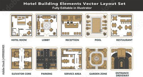 Hotel design vector icons set, top view hospitality layout symbols, rooms, lobby, reception, pool, restaurant, parking, garden, CAD plan