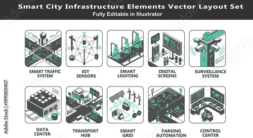 Smart city system vector icons set, top view futuristic layout symbols, IoT sensors, smart traffic, lighting, surveillance, control center CAD