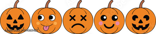 Cute Halloween pumpkin characters set with different facial expressions jack o lantern cartoon faces flat vector illustration on white