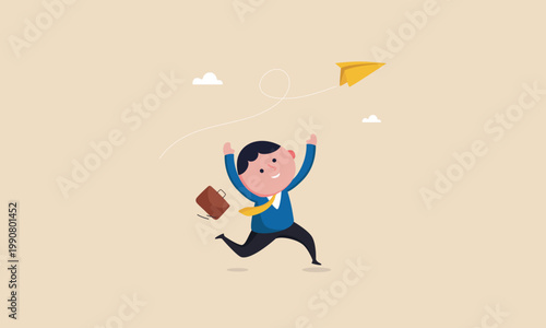 Happy businessman running with a paper airplane flying in the sky