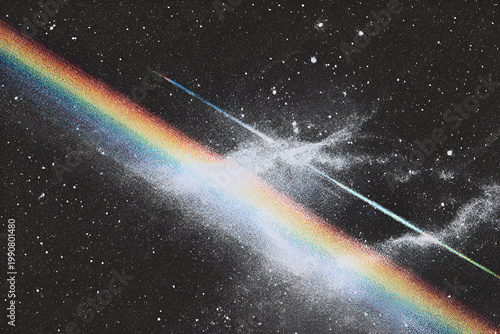 Vibrant Rainbow Light Beam Illuminating a Starry Night Sky with Cosmic Dust and Celestial Wonders.