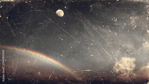 Abstract celestial scene with moon, rainbow, and atmospheric effects.