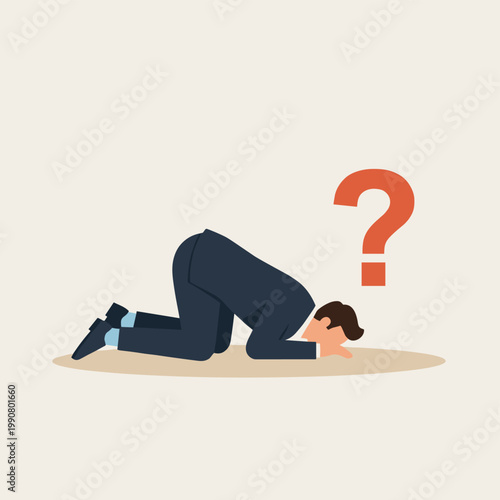 Businessman with head buried in ground next to a large red question mark keywords: confusion