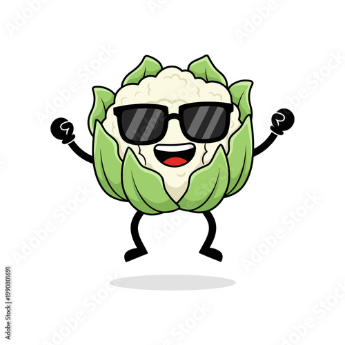 Cool cauliflower character wearing sunglasses and jumping