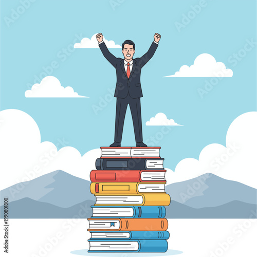Successful businessman standing victorious on stack of books keywords: success, achievement