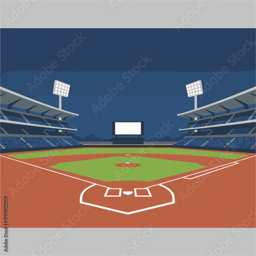 Baseball stadium at night with floodlights illuminating the field and seating keywords: baseball