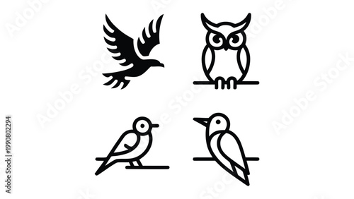 Abstract Avian Symphony: A quartet of minimalist bird illustrations, each conveying a unique essence of avian grace and wisdom. A visual celebration of nature's winged wonders.