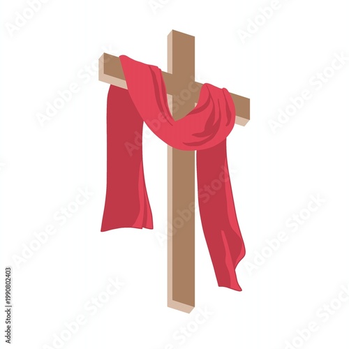 Jesus Christ cross with red cloak flat cartoon illustration isolated 