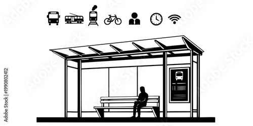 Modern Bus Stop Shelter Silhouette Vector - Urban Infrastructure Icon