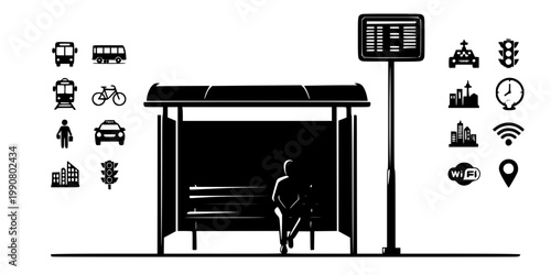 Modern Bus Stop Shelter Silhouette Vector - Urban Infrastructure Icon
