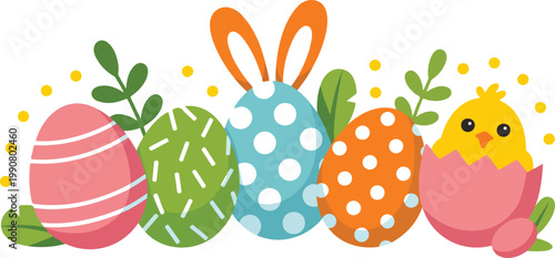 Cute Easter eggs illustration with colorful patterns and hatching chick decorative spring elements flat minimalist vector design on white