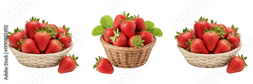 Wicker Basket Overflowing With Fresh Ripe Red Strawberries Isolated Transparent Background PNG Set.