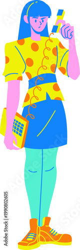Vibrant flat design woman holding a retro landline phone with a coiled cord looking concerned.