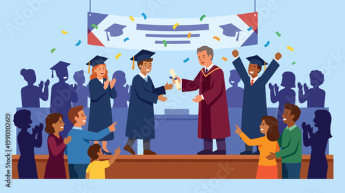 Graduation Celebration Stage Scene With Diploma Moment
