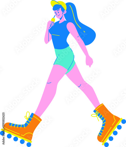 Vibrant flat design woman roller skating striding forward wearing a cap blue top mint shorts holding a lollipop.