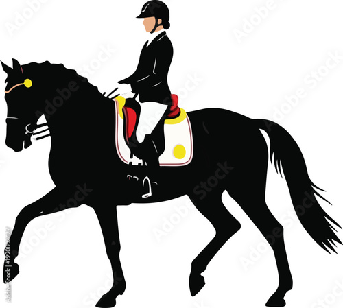Equestrian rider in formal attire on black horse, silhouette with red and yellow accents