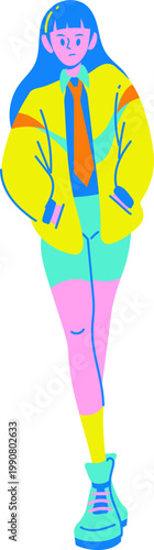 Vibrant stylized girl illustration with blue hair yellow jacket orange tie pink leggings hands in pockets.