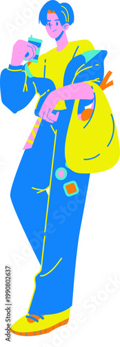Vibrant Stylized Person Holding Drink and Shopping Bag Flat Graphic Illustration.