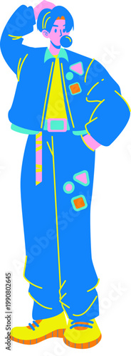 Vibrant stylized person in retro fashion blowing bubble gum hand behind head geometric patterns.