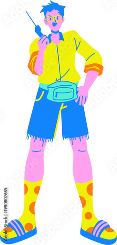Vibrant stylized person holding walkietalkie wearing yellow shirt blue shorts fanny pack and polka dot socks.