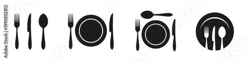 Logotype menu, cutlery icon, food symbol, tableware sign, plate, fork and knife icons in different variations