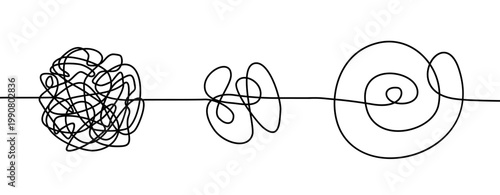 Transition from chaos to order, a problem in the form of tangled tangle that gradually unravels into a harmonious line, simplifying complex process, untangled problem