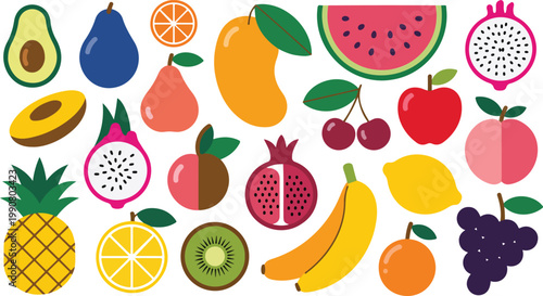 Colorful fruit collection illustration with tropical and fresh slices scattered flat cartoon style minimalist vector design on white background