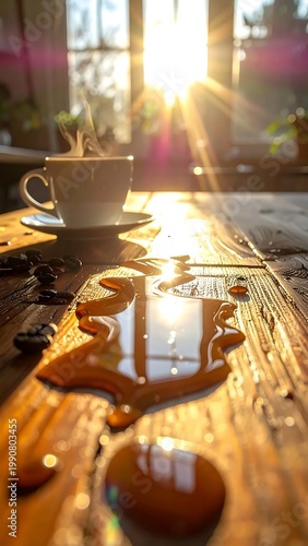 Steaming Cup Of Coffee And Liquid Spill On Rustic Wooden Table With Golden Morning Sunlight Through Window Lens Flare Cinematic Lighting