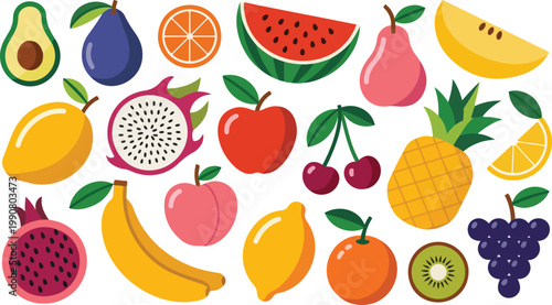 Colorful fruit collection illustration with tropical and fresh slices scattered flat cartoon style minimalist vector design on white background