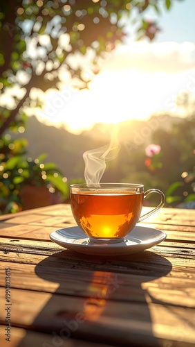 Steaming Glass Cup Of Amber Tea On Wooden Table At Sunset With Golden Sunlight And Garden Bokeh Background
