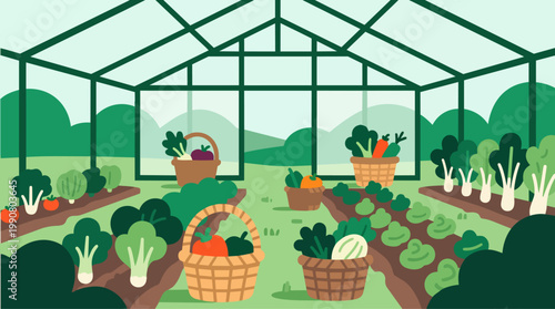 Greenhouse Vegetable Harvest Scene With Crop Rows and Baskets