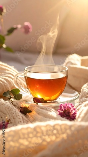 Steaming Hot Amber Tea In A Glass Cup On A Soft White Knitted Blanket With Pink Flowers In Warm Morning Golden Sunlight