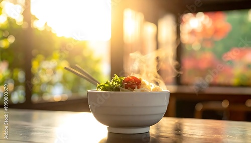 Steaming Hot Bowl Of Ramen Noodles With Fresh Vegetables And Chopsticks On A Wooden Table In Warm Golden Hour Sunset Light Inside A Cafe