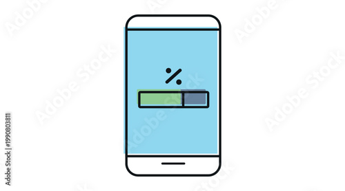 Smartphone software update and loading progress icon: mobile phone with percentage bar on screen, soft colors offset fill and black line vector illustration.
