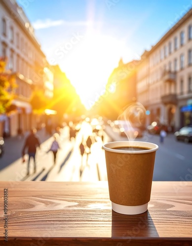 Steaming Hot Coffee In A Disposable Brown Paper Cup On A Wooden Table At Sunrise With Blurred Golden City Street Background And Warm Lens Flare