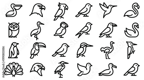 Captivating assortment of diverse bird silhouette icons, featuring various species as sleek line art graphics for design