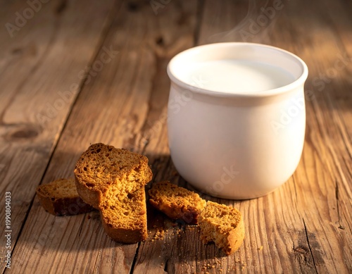 Steaming Hot Milk In White Ceramic Mug Served With Crunchy Toasted Bread Rusks On Rustic Wooden Table In Warm Sunlight