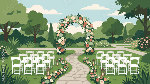 Wedding Garden Ceremony Setup With Floral Arch and Aisle