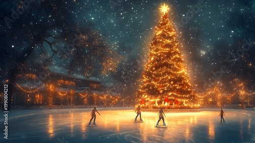 Festive Christmas tree and ice skaters in a winter wonderland