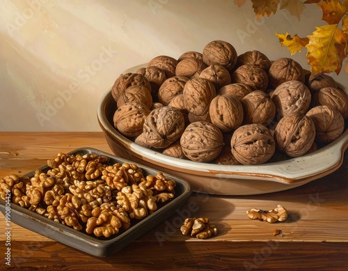 Still Life Painting Of Raw Walnuts In A Ceramic Bowl And Shelled Kernels On A Wooden Table With Autumn Leaves Under Warm Light