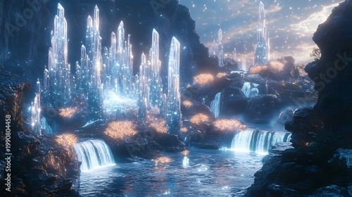 Futuristic fantasy cityscape with glowing waterfalls and celestial lighting